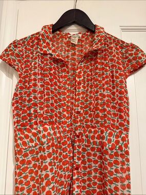 Button-Front Cherry Print Women's Shirt - Orange-Red/Green